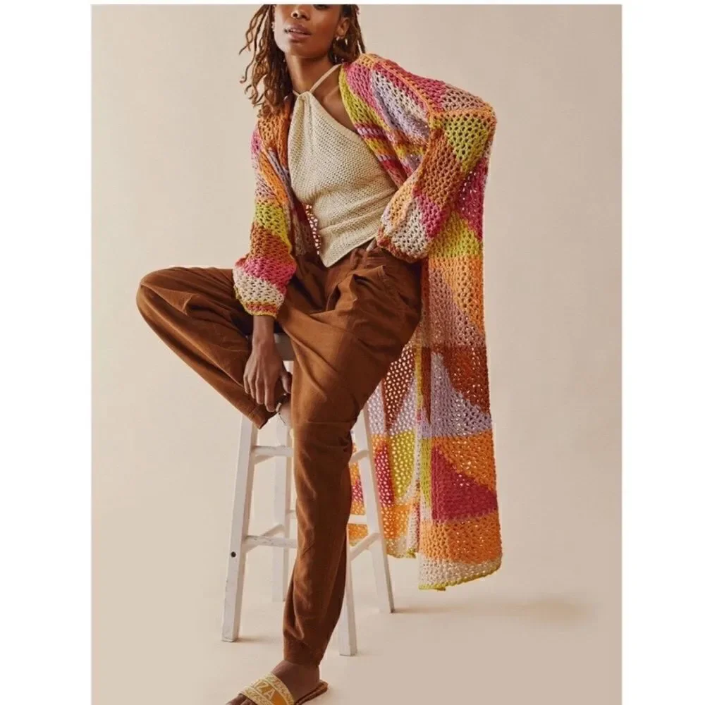 New FREE PEOPLE Chasing Rainbows Cardi In Tropical Rainbow Combo